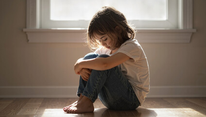 Lonely child sitting on floor hugging knees