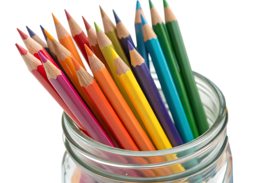 Set of colorful pencils in transparent glass jar, isolated on AI generated by PNG