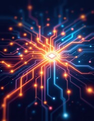A detailed and vibrant illustration of illuminated circuit pathways radiating outward from a central processor chip.