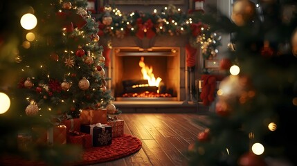 Festive holiday scene featuring christmas trees and a cozy fireplace setting
