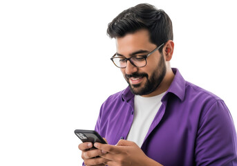 Man with glasses using smartphone and smiling confidently in a purple shirt transparent background
