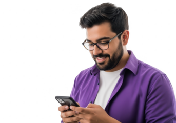 Man with glasses using smartphone and smiling confidently in a purple shirt transparent background