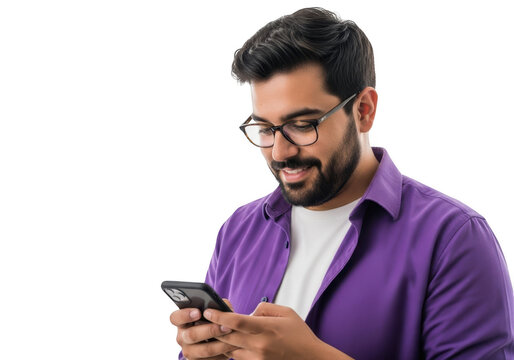 Man with glasses using smartphone and smiling confidently in a purple shirt transparent background