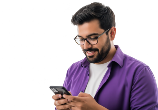 Man with glasses using smartphone and smiling confidently in a purple shirt transparent background