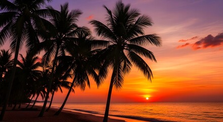 Obraz premium Silhouetted palm trees frame a vibrant tropical beach sunset with ocean reflections