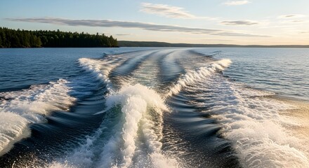 White water wakes trail a boat across a calm blue lake at sunset with a forested shoreline