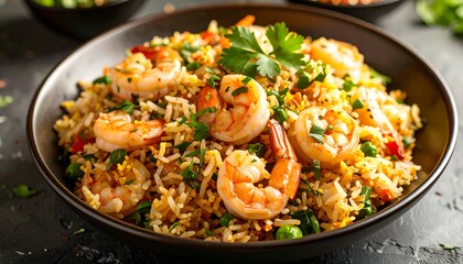 A vibrant dish of shrimp fried rice in a dark bowl