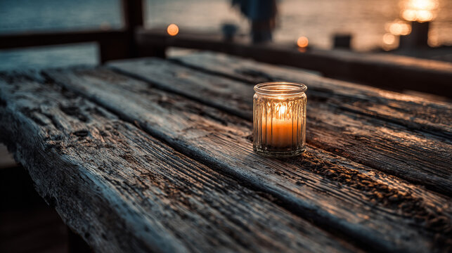 Lit candle in glass on rustic wooden table at sunset near water