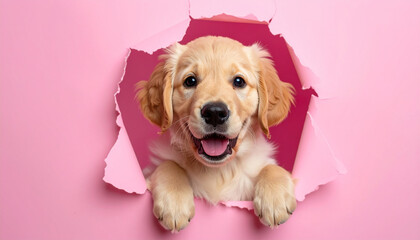 Golden Retriever puppy, pink torn paper backdrop, cute and playful pet portrait. Adorable animal.