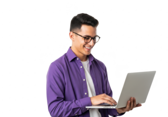 Man in purple shirt wearing glasses working on a laptop with a smile transparent background