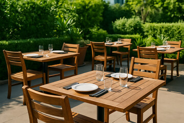 An outdoor restaurant patio with multiple empty wooden dining tables and chairs, set under the shade of trees with lush green foliage in the background