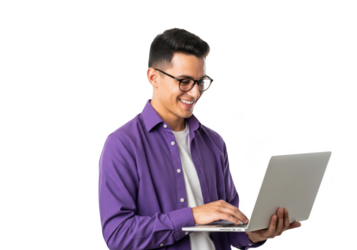 Man in purple shirt wearing glasses working on a laptop with a smile transparent background