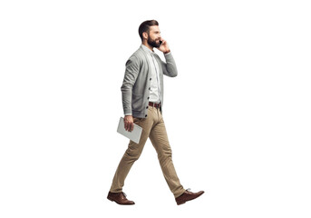 Stylish man with beard walking while talking on phone holding a book png transparent background