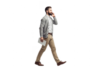 Stylish man with beard walking while talking on phone holding a book png transparent background