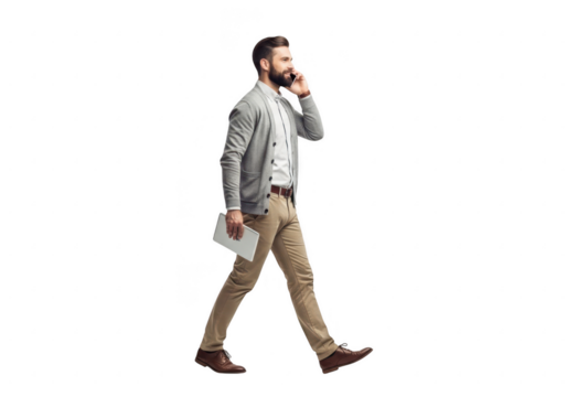Stylish man with beard walking while talking on phone holding a book png transparent background