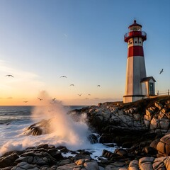 Obraz premium Rustic Lighthouse at Sunset on Rocky Coastline