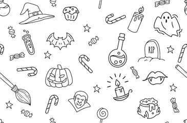 Halloween Line Icon seamless pattern vector Background