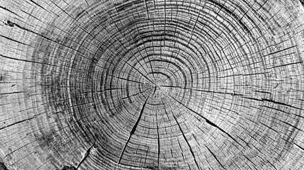A grayscale close up of tree rings showing age and texture of wood
