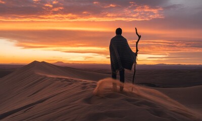 Silhouette of a person in a desert at sunrise. A solitary figure stands on a sand dune