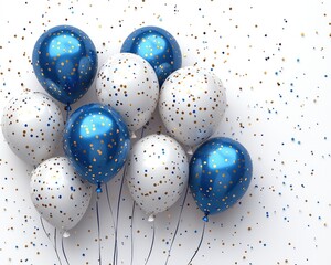 A cluster of blue and white balloons with gold confetti