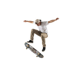 Skateboarder Performing Aerial Trick, Isolated on Black on white background