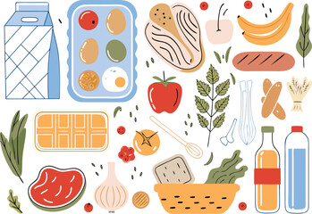 Fototapeta premium Wholesome bounty of fresh groceries—vibrant, healthy ingredients for a nourishing lifestyle in clean vector style.