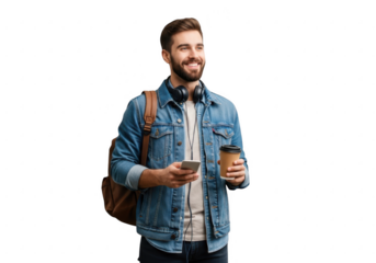 Young bearded man with coffee and phone enjoying a moment outdoors transparent background