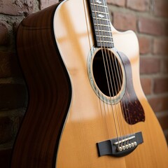 Obraz premium Elegant Close-up of a Polished Wooden Guitar Against a Rustic Brick Wall