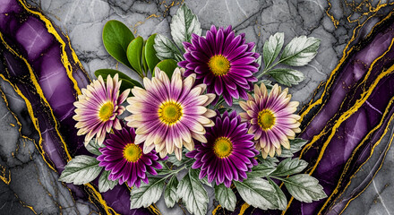 A vibrant bouquet of purple and pink daisies with green leaves, set against a dramatic marble background with purple and gold streaks.
