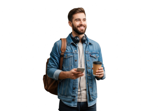 Young bearded man with coffee and phone enjoying a moment outdoors transparent background