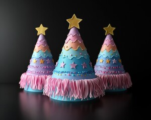Three colorful, cone-shaped Christmas trees on a dark surface