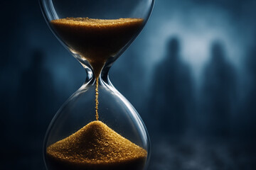 Ultra-realistic macro shot of an hourglass with golden sand dripping in motion, sharp focus, blurred ghostly silhouettes in the misty blue background