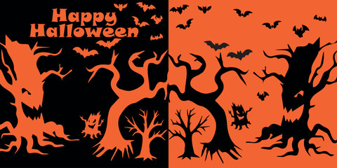 Happy Halloween poster. Black and orange colors in the silhouettes of the autumn holiday. Trees, bats and lettering on a colorful background.