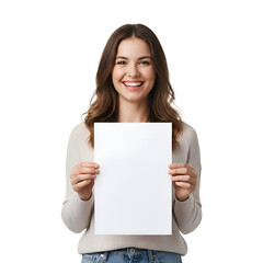 Naklejka premium Smiling Woman Holding Blank Sign: Perfect for Your Message on white background