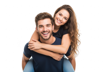 Happy couple piggyback ride smiling together young love relationship joyful connection moment transparent background