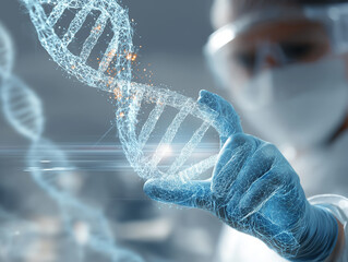 Modern digital concept of biotechnology research, scientist manipulating DNA helix using holographic interface, futuristic laboratory setting, white background