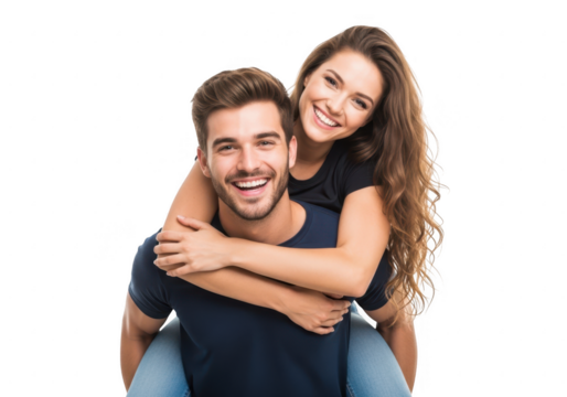 Happy couple piggyback ride smiling together young love relationship joyful connection moment transparent background - Powered by Adobe