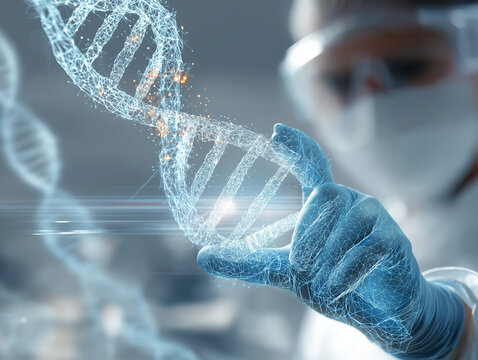 Modern digital concept of biotechnology research, scientist manipulating DNA helix using holographic interface, futuristic laboratory setting, white background