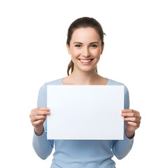 Naklejka premium Smiling Woman Holding Blank Sign: Perfect for Your Message on white background