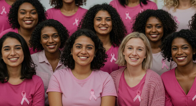 Diverse group of smiling women proudly wearing pink shirts with awareness ribbons, radiating hope and solidarity for breast cancer awareness and support. - Powered by Adobe