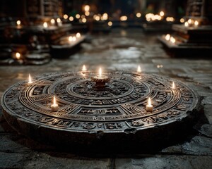 A candlelit summoning circle with arcane symbols pulsating with energy