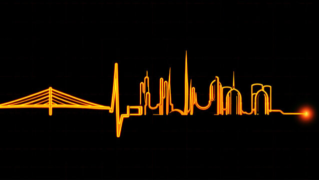 Neon heartbeat cityscape with bridge and glowing end electrocardiogram