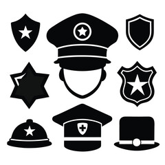 Police Icons Set Black Silhouette Vector of Hats, Badges, Stars, and Shields
