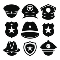 Police Icons Set Black Silhouette Vector of Hats, Badges, Stars, and Shields