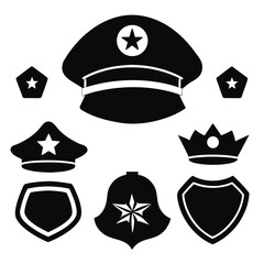 Police Icons Set Black Silhouette Vector of Hats, Badges, Stars, and Shields