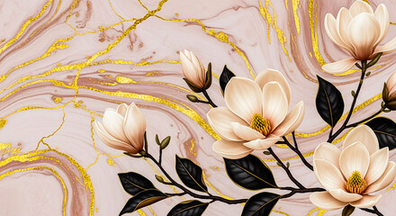 Elegant magnolia flowers with pale pink and white petals bloom against a luxurious pink and gold marble backdrop, creating a sophisticated floral design.