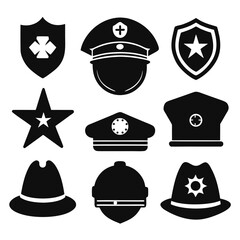 Police Icons Set Black Silhouette Vector of Hats, Badges, Stars, and Shields