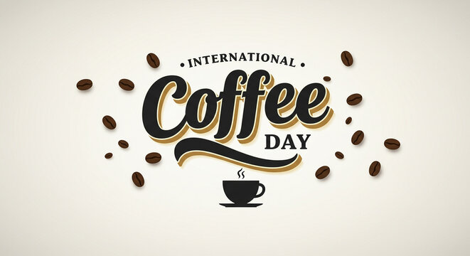 Celebrate International Coffee Day with this vibrant graphic featuring steaming coffee cups and scattered beans, perfect for promotional materials and social media campaigns. - Powered by Adobe
