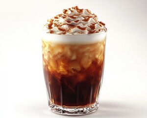 A glass of iced coffee drink topped with whipped cream and cinnamon