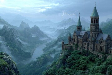 A castle perched on a cliff, its towers shrouded in mist and surrounded by lightning flashes